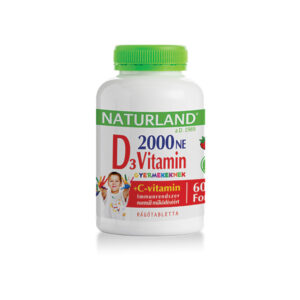 NATURLAND D3-vitamin forte rágótabletta gyermekeknek C-vitaminnal  eper ízű 60x